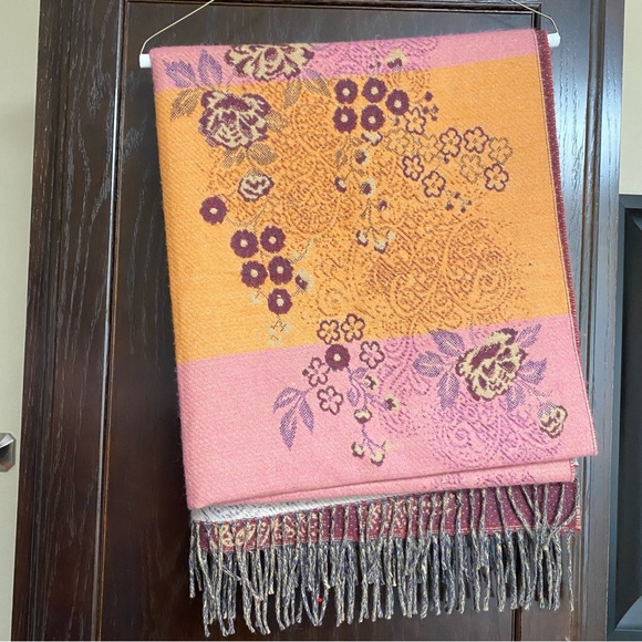 Cashmere Touch Large Shawl Pink Purple Orange and Cream Flower Printed Pattern - Picture 6 of 8
